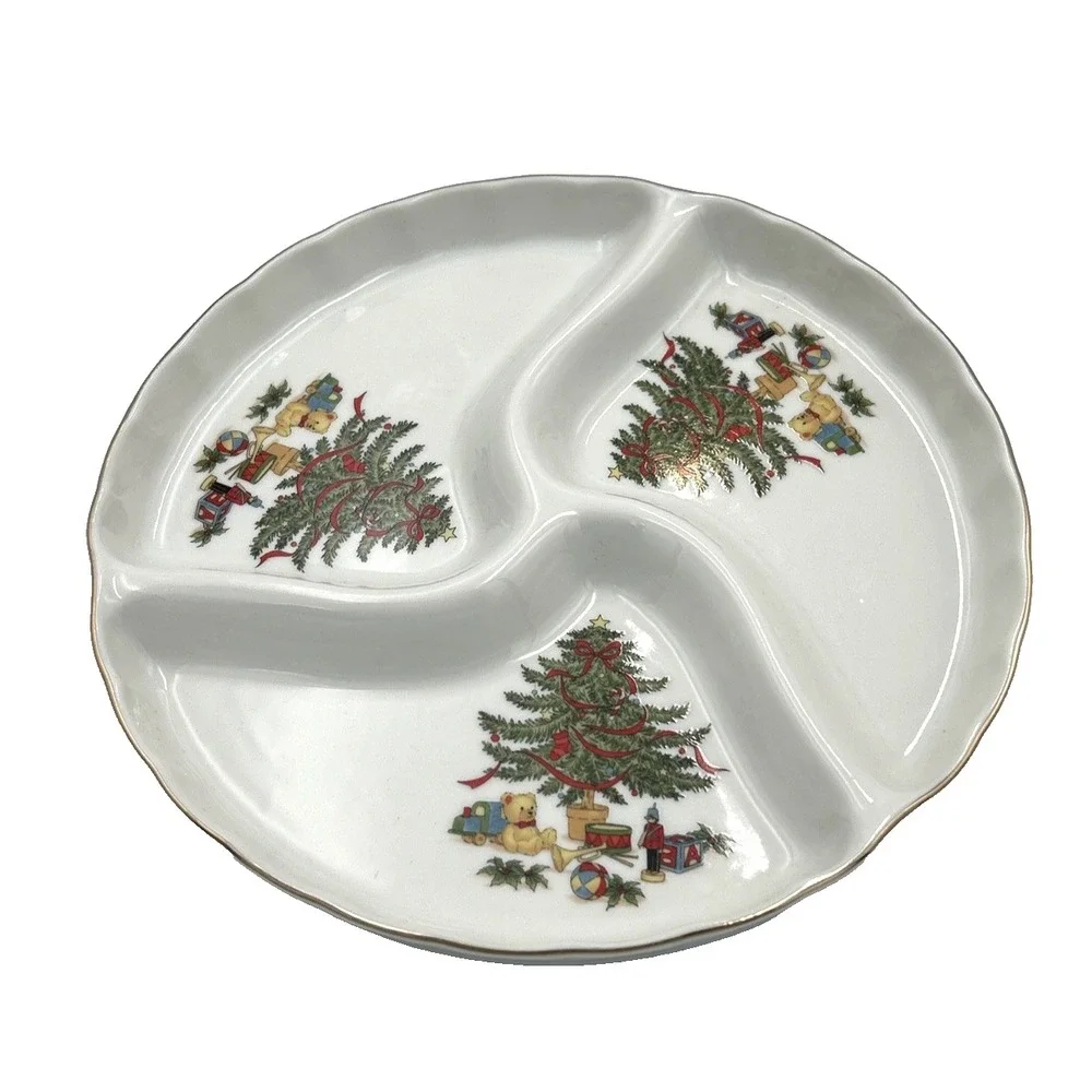 Christmas Divided Plate Dish Ceramic Sectioned Japan Gilded Holiday Seasonal